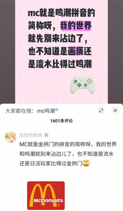 这张图是中文社交媒体的评论区截图，上方是某用户发布的内容，声称“MC是游戏《鸣潮》的拼音缩写，游戏《我的世界》不配沾边，质疑《我的世界》的画质和流水都比不上鸣潮”，配图为浅色游戏手柄；下方是名为“危险的贵顺”的网友发布的玩梗评论，戏称MC是麦当劳（金拱门）的拼音缩写，调侃《我的世界》和《鸣潮》都不要来抢MC的归属，反问两者的流水和日活玩家数量能不能比得过麦当劳，评论末尾附带搞怪表情和麦当劳官方品牌logo，整体是用谐音缩写梗调侃不同圈层抢同一缩写的搞笑内容。