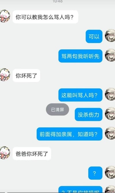 这是一张竖版的聊天记录截图，记录了两位网友的趣味对话：头像是卡通小猪的网友先询问对方能否教自己骂人，对方同意后要求其先示范两句，小猪头像网友说“你坏死了”，对方认为这句话完全没有杀伤力，提示骂人要在前面加上亲属称谓，没想到小猪头像网友立刻接话“爸爸你坏死了”，反而占了对方的便宜，让对方十分错愕，整体对话充满意料之外的反差笑点，风格诙谐搞笑。