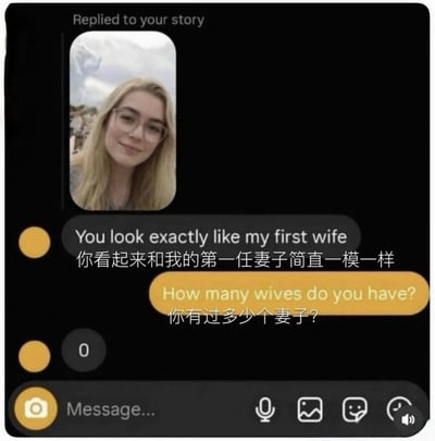 这是一张社交平台私信回复截图，顶部标注“Replied to your story”，表示是其他用户回复了发布者的动态，动态内容为一名金发戴眼镜的年轻女性的自拍。对话分为两句，第一句是搭讪方发送的灰色气泡消息，内容为英文原文搭配中文翻译“你看起来和我的第一任妻子简直一模一样”，是典型的油腻搭讪话术；第二句是被搭讪方回复的黄色气泡消息，内容为英文原文搭配中文翻译“你有过多少个妻子？”，巧妙反套路回击对方的离谱搭讪，回复后对方尚未查看消息，显示未读数为0，底部是社交平台的消息输入栏，整体内容充满趣味性，展现了高情商的反套路回应思路。