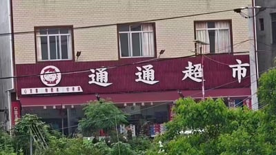 图片展示了一家名为“通通超市”的店铺外观。建筑为两层结构，外墙是米色砖墙，上层有三扇带白色窗框的窗户。店铺招牌为深红色，左侧有一个卡通人物头像logo，中间用白色大字书写“通通超市”，下方还有一行小字“心至善 物最美 价更廉”。店铺门口有绿色植物遮挡部分视线，整体呈现出典型的乡镇或社区超市的日常景象。