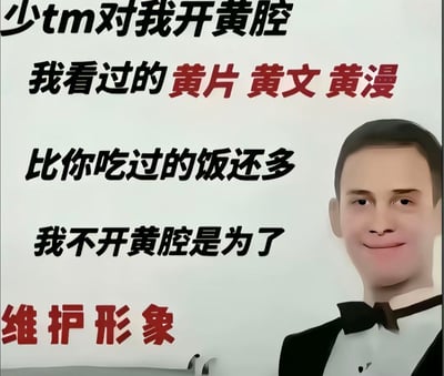 这是一张幽默搞笑的中文梗图，右侧有一位穿着黑色西装打着领结的男子，面带微笑。图片左侧有大量文字内容，主要表达了"少tm对我开黄腔"(停止对我讲黄色笑话)的主题，并幽默地声称"我看过的黄片 黄文 黄漫比你吃过的饭还多"，最后表示"我不开黄腔是为了维护形象"。文字采用黑色和红色字体，形成鲜明对比，整体风格轻松诙谐，带有网络流行文化特色。