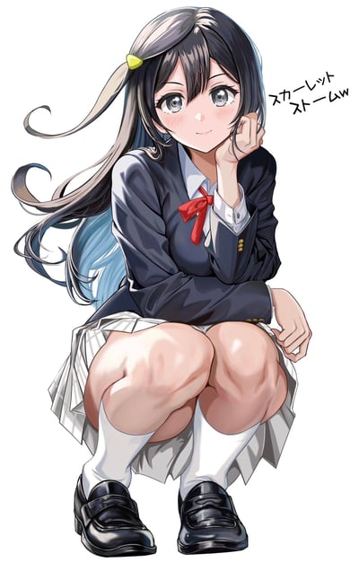 这是一幅二次元手绘插画，描绘了《青春猪头少年不会梦到兔女郎学姐》中的角色樱岛麻衣。她身着深色校园制服外套，内搭白衬衫与红领结，下身搭配格纹百褶裙、白袜和黑皮鞋，以蹲坐姿势单手撑着脸颊，面带温柔的微笑，脸颊晕着淡淡的红晕，长发自然卷曲飘动，整体风格清新治愈。图中右侧的日文「スカーレットストームw」为画师的创作署名，无特殊双关或梗意。