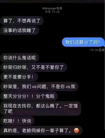 这是一张iMessage聊天记录截图，展示了一对情侣吵架后的对话。一方因吵架说"算了，不想再说了"和"没事的话我睡了"，另一方误以为要分手而询问"我们这算分了吗?"。随后对方用一系列消息安抚，强调"吵架归吵架，又不是不爱你了"、"更不是要分手!"，并提出"吵架是，我们 vs 问题，不是你 vs 我"的观点，最后表示要去找对方并关心其是否饿了，展现了情侣间从冲突到和解的暖心过程。