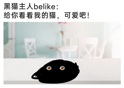 这是一张图文结合的搞笑梗图，上方配有文字“黑猫主人belike:给你看看我的猫，可爱吧！”，下方的画面背景是模糊的室内浅色桌椅场景，前景浅色桌面上，只有一双圆睁的黄色猫眼睛和一团黑色的轮廓，以此模拟纯黑色猫咪在明亮浅色环境中，身体几乎和背景融为一体，只有眼睛清晰可见的状态，用夸张且写实的方式调侃纯黑猫咪在浅色环境下辨识度极低的特点，精准戳中养猫人群的趣味观察点，充满幽默氛围。