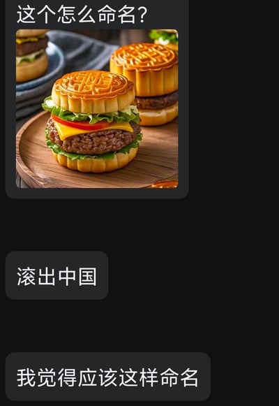 这是一张将中式传统月饼与西式汉堡结合的创意料理AI生成图，上方配文询问「这个怎么命名？」，下方给出两个选项：「滚出中国」和「我觉得应该这样命名」。这种中西饮食的混搭组合充满反差感，「滚出中国」的选项是带有调侃意味的玩笑，用来吐槽这种打破传统认知的创意料理，引发趣味讨论。