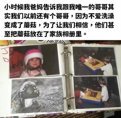 图片上方是一段文字，讲述小时候爸妈为了让孩子爱洗澡，编造了'以前有个哥哥因不爱洗澡变成蘑菇'的故事，还把蘑菇照片放进家族相册。下方是一本打开的相册，包含四张照片：左上角是戴粉色帽子的小孩，右上角是两个孩子在桌子旁玩耍，左下角是一张蘑菇的照片（被说成是'变成蘑菇的哥哥'），右下角是另一张孩子玩耍的照片。整体通过荒诞的家庭谎言制造幽默效果。