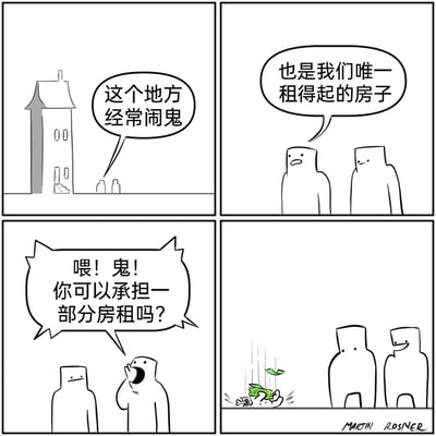 这是一幅四格卡通漫画，以租房困境为背景展开荒诞幽默的剧情：第一格中两个租房人站在一栋看起来闹鬼的老旧房子前，其中一人指出这里经常闹鬼；第二格两人无奈地表示这是他们唯一租得起的房子；第三格中其中一个人大声向鬼喊话，询问鬼是否可以承担一部分房租；第四格中鬼突然出现，递出了房租，两个租房人露出了满意的笑容。漫画用黑色幽默的方式调侃了当代人面临的租房经济压力，将恐怖的闹鬼元素转化为解决房租问题的荒诞办法，令人啼笑皆非。