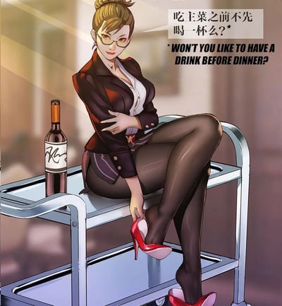 这是一张二次元原创插画，画面中一位身着职场套装、黑丝红高跟的御姐坐在金属餐车上，手边摆放着一瓶红酒，她面带微笑，姿态慵懒地扶着自己的高跟鞋，图中配文邀请观者在主菜前先喝一杯，整体氛围成熟魅惑，充满慵懒的氛围感，没有双关、谐音梗或暗示内容。