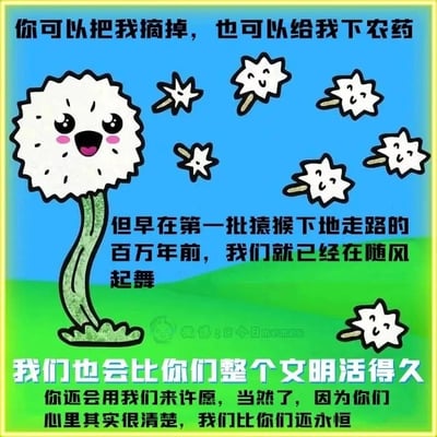 这是一张静态单图的图文混排卡通作品，画面以蓝天绿地为背景，主体是一株拟人化的蒲公英，它有着开心的表情，嘴巴张开、眼睛弯起，脸颊带着红晕；从它身上飘散出的蒲公英种子也被赋予了拟人化的笑脸。图中以蒲公英的第一视角搭配了三段递进的文字：首先点明人类可以对它施加伤害，接着回溯蒲公英比人类祖先更早存在的漫长历史，最后宣称蒲公英的存续将比人类文明更长久，还点出人类会向蒲公英许愿的本质是内心认可其更具永恒性。作品通过拟人化的手法，将蒲公英塑造成拥有悠久历史和永恒生命力的存在，与人类文明的短暂形成对比，传递出自然生命比人类文明更具延续性的深刻哲理。
