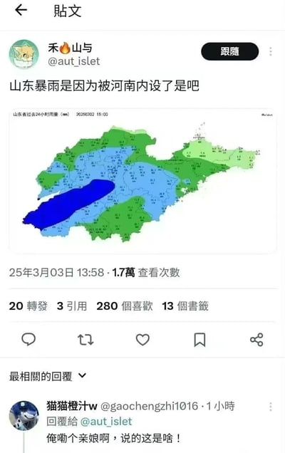 社交媒体用户“禾🔥山与”发布的一条关于山东暴雨的调侃帖子，内容为“山东暴雨是因为被河南内设了是吧”，并配图山东省过去24小时降雨量地图（2025年3月2日15:00数据）。地图中用不同颜色标注了山东各地的降雨量分布，蓝色区域表示降雨量较大。帖子下方显示有20转发、3引用、280个喜欢和13个书签，最相关回复为“猫猫橙汁w”评论的“俺嘞个亲娘啊，说的这是啥！”。