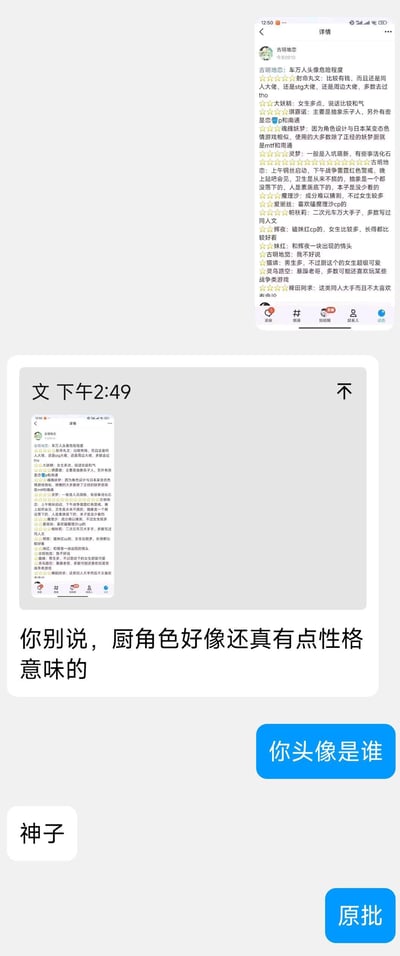 图片展示了一段关于游戏《原神》角色性格特点的讨论记录。上部为详细的角色性格分析文本，下部为聊天界面截图，时间显示为下午2:49，对话内容包括对角色性格的评价、头像询问以及网络热词"原批"的使用。整体呈现了玩家群体对游戏角色的深度讨论场景。