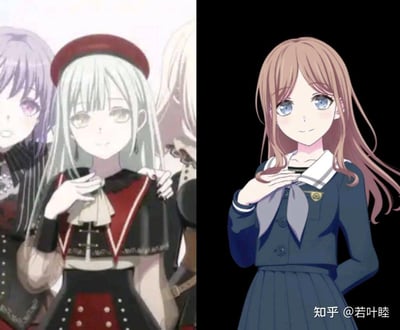 这是一张左右分栏的对比图，展示了二次元音乐企划《BanG Dream!》中角色若叶睦的两种不同造型：
左图是她作为Roselia乐队成员的演出造型，浅薄荷绿色长发搭配红黑配色的复古风格演出服，头戴酒红色贝雷帽，手轻放在胸前，身旁还有其他乐队成员；
右图是她的日常校服造型，浅棕色长发搭配深蓝色学院风制服，同样做出手放胸前的姿势，整体气质温柔治愈。