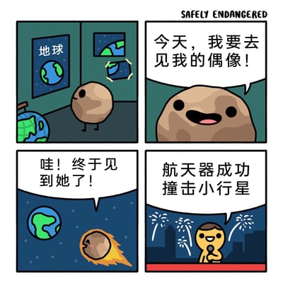 这是一则四格讽刺幽默卡通漫画：第一格展示了拟人化的小行星的房间，墙上贴满地球的海报，角落还有地球仪，体现出小行星对地球的喜爱；第二格中小行星满脸开心地说“今天，我要去见我的偶像！”，表现出它的期待；第三格中小行星带着火焰冲向地球，兴奋地喊出“哇！终于见到她了！”，展现出它靠近地球时的激动；第四格则是人类的新闻播报场景，主持人拿着话筒，背景是庆祝的烟花，开心地宣布“航天器成功撞击小行星”。漫画通过小行星的追星期待和人类的防御庆祝形成强烈反差，制造出黑色幽默的效果，结合现实中的小行星防御任务，用拟人的方式构建了戏剧化的冲突。