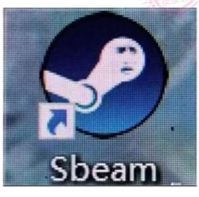 这是一张对知名游戏平台Steam的官方图标进行恶搞改编的P图，将图标内原本的蒸汽图案替换成了一张表情惊讶错愕的人脸，同时把图标下方的文字从“Steam”修改为“Sbeam”，玩了谐音梗，通过这种魔性的修改方式制造出滑稽搞笑的效果，是针对Steam平台的趣味调侃。