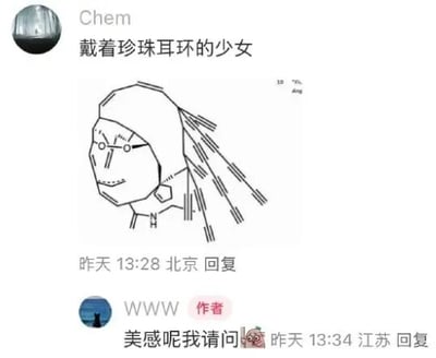 这是一张社交媒体平台的截图，用户“Chem”发布了一幅创意改编作品，用化学结构式的线条重新绘制了荷兰画家维米尔的经典画作《戴珍珠耳环的少女》，将化学专业元素与经典艺术作品结合，形成了独特的趣味视觉效果。随后该内容的作者“WWW”回复评论，吐槽这个改编版本缺乏美感，带有调侃的语气，构成了有趣的互动。