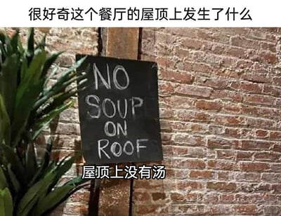 这是一张静态图文混排梗图，背景为红棕色砖墙，左侧有绿色植物作为装饰，墙上悬挂着一块黑色手写标语牌，上面用白色字体写着英文“NO SOUP ON ROOF”。图片上方配有中文文字“很好奇这个餐厅的屋顶上发生了什么”，下方配有对应的中文翻译“屋顶上没有汤”。该标语内容违背日常逻辑，正常场景下不会出现汤被弄到屋顶的情况，这种无厘头的提示反而勾起了人们的好奇心，想要探究餐厅到底经历过什么才会特意挂出这样的标语，从而产生搞笑效果。