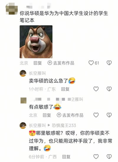 这是一张国内社交平台的评论区截图，最上方的匿名用户发布了“你说华硕是华为为中国大学生设计的学生笔记本”的言论，同时搭配了动画角色熊大震惊表情的表情包；后续其他用户在评论区展开互动，有用户调侃发言者是卖华硕的急了，有用户称后者过于敏感，最后发言的用户反讽称华硕卖不过华为才用这种混淆品牌的宣传手段，整个对话围绕着错误将华硕和华为两个品牌绑定的不实言论展开，氛围偏向调侃戏谑。