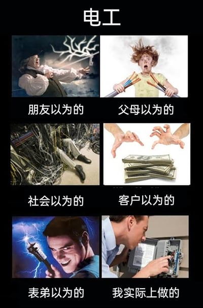 这是一张多图拼接的职业反差梗图，围绕“电工”主题展开，通过六张带文字标注的图片，展现不同群体对电工职业的认知与实际工作的差异：朋友眼中的电工是如同掌控雷电的强者（对应富兰克林被雷电击中的演绎图）；父母眼中的电工是极易触电遇险、工作充满危险的职业（对应小孩抓电线头发炸起的惊恐图）；社会眼中的电工是被海量杂乱线缆包围、工作环境极度复杂的状态；客户眼中的电工是收入丰厚、轻松赚大钱的职业（对应双手抓取钞票的图）；表弟眼中的电工是能操控电力的酷炫强者（对应手持带电工具、周身有雷电的图）；而电工实际的工作是专注进行电气设备的检修维护，是普通的技术型工作。整图通过夸张的认知对比，调侃了外界对电工职业的误解，体现职业认知与现实的偏差。