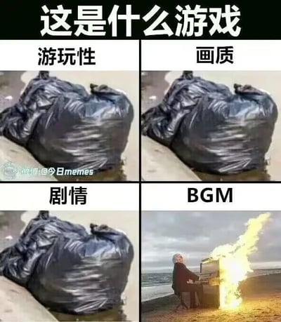 这是一张四格拼接的静态梗图，顶部配有文字“这是什么游戏”，将游戏的四个核心体验维度分别展示：游玩性、画质、剧情对应的配图均为一个黑色垃圾袋，以此隐喻这款游戏在这三个核心内容上质量低劣，毫无可取之处；而BGM（背景音乐）对应的配图是一位老人在海边弹奏着燃烧的钢琴，用极具视觉冲击力的画面表现该游戏的背景音乐质量极高、极具感染力，与其他三个维度形成强烈反差，精准吐槽了那些仅背景音乐出彩，其余核心玩法、画面、剧情都拉胯的“偏科”游戏。