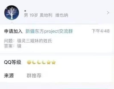 这是一张QQ群申请界面的截图，显示一名19岁奥地利维也纳男性用户申请加入名为"新疆东方project交流群"的群组。界面包含用户基本信息、入群验证问题与答案、QQ等级及来源信息。验证问题为"骚灵三姐妹的姓氏"，用户回答为"骚"。

需要说明的是，东方Project中的骚灵三姐妹正确姓氏应为"普莉兹姆利巴"（Prismriver），用户回答存在错误。