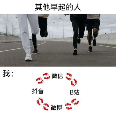 这张图片采用上下对比的构图形式，上半部分标注“其他早起的人”，呈现了一群人在户外道路上跑步的场景，展现出其他人早起后进行健康运动的积极状态；下半部分标注“我：”，用红色脚印将抖音、微信、B站、微博这几个主流社交娱乐平台的名称连接起来，生动地表现出自己早起后并未进行运动，而是在各个娱乐APP之间来回浏览、消磨时间的状态。通过强烈的反差，精准调侃了当代部分年轻人“宅家式早起”的日常，容易引发同类人群的共鸣。