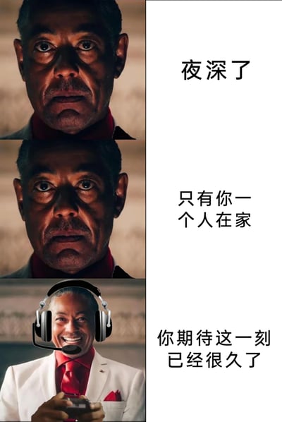 这是一张左图右文的三格连环梗图，前两格使用美剧《绝命毒师》《风骚律师》中角色古斯塔沃·弗林（炸鸡叔）严肃凝重的经典画面，搭配文字“夜深了”“只有你一个人在家”，营造出略带紧张的氛围；第三格则是经过P图改编的内容，炸鸡叔戴上游戏耳机、手持游戏手柄，露出开心的笑容，搭配文字“你期待这一刻已经很久了”，通过强烈的反差感，调侃了许多人期待独处时能尽情玩游戏的真实心情，幽默地展现了独处时刻的快乐。