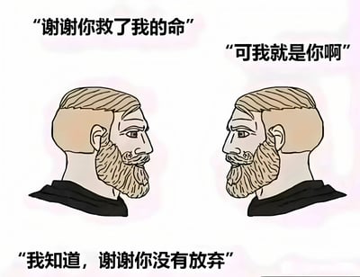 图中展示两个完全相同的胡子男性面对面站立，上方文字分别为'谢谢你救了我的命'和'可我就是你啊'，下方文字为'我知道，谢谢你没有放弃'。这是一个关于自我接纳和内心力量的哲学梗图，通过人物间的对话表达了自我救赎和不放弃的主题。