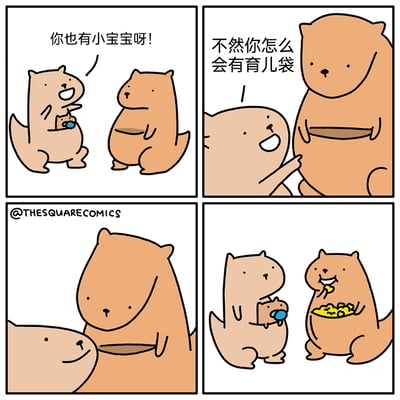 这是一组四格连环卡通漫画，围绕两只袋熊的互动展开趣味故事：第一格中，育儿袋里装着宝宝的小袋熊，看到大袋熊的育儿袋后，兴奋地开口搭话“你也有小宝宝呀！”；第二格，小袋熊凑近大袋熊，理所当然地补充“不然你怎么会有育儿袋”；第三格，大袋熊低头看着自己的育儿袋，露出无奈的神情，小袋熊则微笑着等待回应；第四格，大袋熊将育儿袋转向小袋熊，里面装满了黄色的零食，它正开心地吃着，小袋熊则露出了然的表情，原来大袋熊的育儿袋是用来装零食的，打破了小袋熊（以及读者）对育儿袋用途的固有认知，制造出反转的搞笑效果。