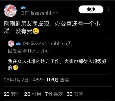 用户@Fiiiissssshhhhh在X（原推特）发布动态，5天前还回复他人称自己在女性扎堆的工作环境里，同事们待人都超级好，结果如今刷朋友圈发现办公室存在一个没有自己的小群，前后发言形成强烈反差，尽显职场被排除在外的无奈与尴尬，用带泪的微笑表情表达自己的失落情绪。