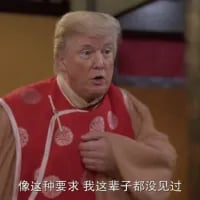 这是一张网络二次创作的搞笑梗图，将美国前总统唐纳德·特朗普的头部合成到穿着中式红色盘扣马甲的人物身体上，画面下方配有电影《功夫》里的经典字幕“像这种要求 我这辈子都没见过”，通过真实人物与中式服饰、经典台词的反差组合，制造出荒诞搞笑的效果，多用于回应离谱、让人意想不到的要求。