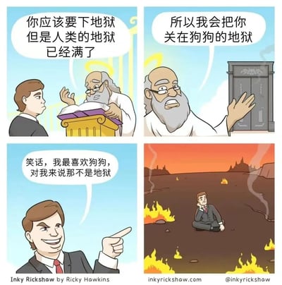 四格漫画描绘了一个宗教人物与西装男子的对话。宗教人物说人类地狱已满，要把男子关进狗狗地狱，男子自信表示自己喜欢狗狗不怕这个惩罚，最后却发现狗狗地狱是满地火焰的可怕场景，形成幽默反转。