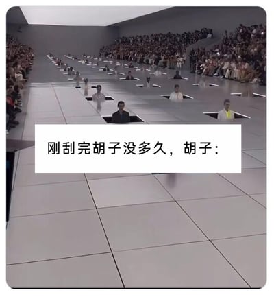 这是一张结合了创意时装秀场景的搞笑梗图，画面呈现的是一个剧场式的时装秀现场，地面的方形开口中，一排模特的上半身从近到远依次升起，周围的观众席坐满了看秀的人群。图中添加了白色背景的文字“刚刮完胡子没多久，胡子：”，将男性刚刮完胡子后，胡子就快速生长的状态，夸张地比喻成这些不断从地面冒出来的模特，用生动的场景调侃了男性胡子生长速度快的日常体验，充满趣味和共鸣感。