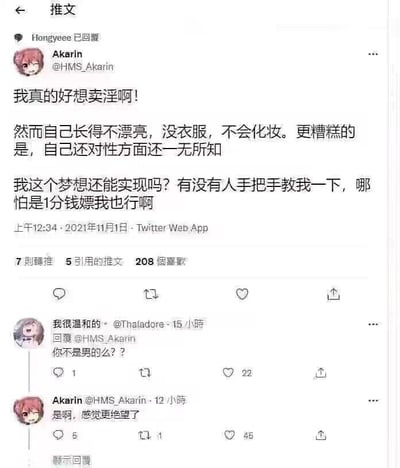这是一张Twitter（现X平台）的用户互动截图，用户Akarin发布推文，以夸张的语气表示自己想从事性工作，但罗列了一系列自身的困境：长得不漂亮、没衣服、不会化妆，还对性方面一无所知，甚至卑微地询问梦想能否实现，希望有人能教自己，哪怕只收1分钱。随后有用户指出Akarin是男性，Akarin回复称自己是男性，感觉更加绝望了。这段对话通过层层递进的荒诞设定，制造出强烈的反差感，形成了搞笑又无奈的自嘲效果。