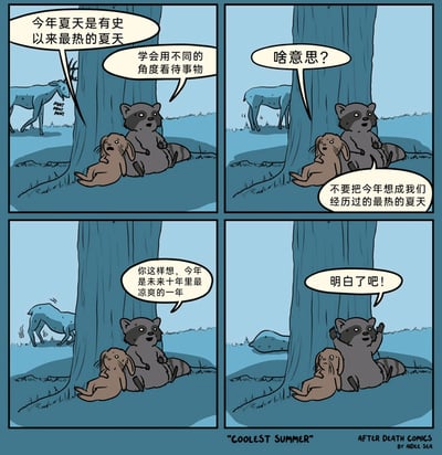 这是一幅四格连环卡通漫画，以动物角色的对话展开故事。第一格中，一只小狗靠在树干上，满脸疲惫地抱怨“今年夏天是有史以来最热的夏天”，旁边的浣熊则淡定地开导它“学会用不同的角度看待事物”，背景里还有一只站立的鹿；第二格，小狗满脸疑惑地向浣熊发问“啥意思？”，浣熊准备给出解释，鹿依旧在背景站立；第三格，浣熊说出了它的“新角度”：“不要把今年想成我们经历过的最热的夏天”“你这样想，今年是未来十年里最凉爽的一年”，此时背景里的鹿已经因为酷热倒在地上；第四格，浣熊得意地摊开手问小狗“明白了吧！”，而小狗则一脸呆滞，显然被这个扎心的“角度”打击到，倒地的鹿也毫无动静。漫画用黑色幽默的方式，借动物的对话讽刺了全球变暖导致气温逐年攀升的现状，所谓的换角度思考并没有带来安慰，反而揭示了更令人无奈的未来，充满了讽刺意味。