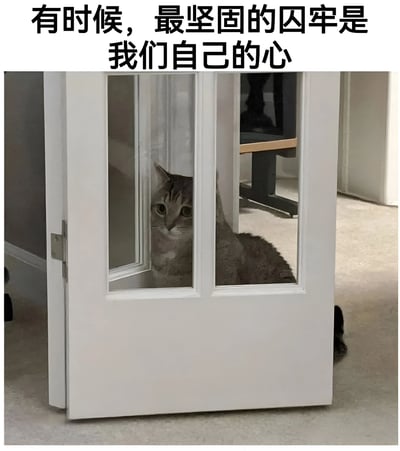 一只猫正从半开的白色玻璃门后向外窥视，门上的玻璃映出猫的脸庞。图片上方配有文字：'有时候，最坚固的囚牢是我们自己的心'，通过猫咪明明可以从敞开的门缝中自由进出，却似乎被玻璃阻挡的画面，隐喻人们常常被自己的内心所束缚。