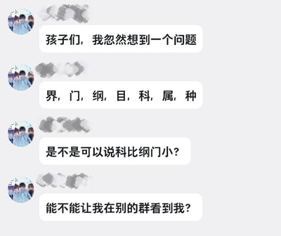 这是一张模仿聊天记录的静态梗图，包含四个对话气泡。上方气泡旁有模糊的人物头像，内容依次为：“孩子们，我忽然想到一个问题”“界，门，纲，目，科，属，种”（生物分类学术语）“是不是可以说科比纲门小？”“能不能让我在别的群看到我？”。图片核心通过“纲”“门”二字与谐音词的双关，将生物分类术语与调侃结合，制造幽默效果。