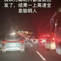 这是一张高速拥堵场景的实拍照片，画面中双向车道都挤满了汽车，车流一眼望不到头。照片上方添加了自嘲式配文：“我以为聪明人都是提前出发了，结果一上高速全是聪明人”，调侃了大家为避开堵车提前出发，却最终还是一起堵在高速上的尴尬出行经历，充满了生活感的黑色幽默。