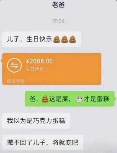 这是一张微信聊天记录截图，聊天双方是备注为“老爸”的父亲和他的儿子，对话时间显示为17:04。老爸先发了生日祝福“儿子，生日快乐”，搭配了三个便便emoji，随后发送了金额2088元、备注为“生日快乐”的微信转账；儿子看到后回复纠正，说明发错的emoji是屎，蛋糕emoji才代表蛋糕；老爸回应称自己以为便便emoji是巧克力蛋糕，还表示转账已经撤不回，让儿子将就“吃”，整个对话充满长辈不熟悉新式emoji闹出的反差笑点。