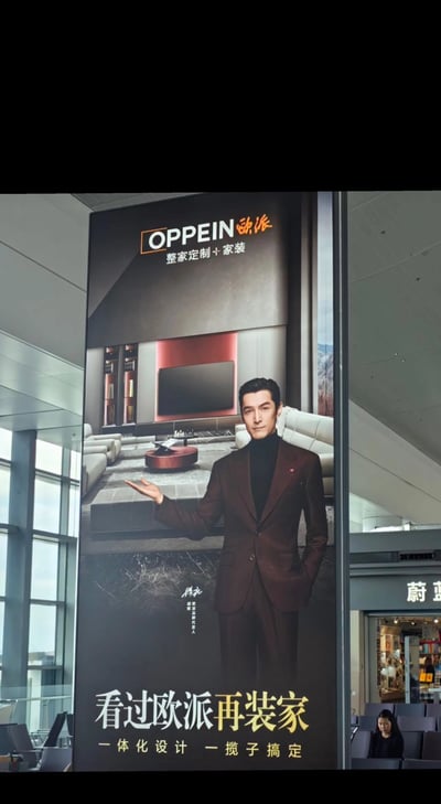 这是一张OPPEIN欧派家装品牌在机场或高铁站等大型交通枢纽投放的实体广告。广告主打“整家定制+家装”理念，画面通过精致的家居背景和身穿正装的模特，强调品牌高端一体化家装服务。文案“看过欧派再装家”极具说服力，让人觉得其他家装品牌都比不过欧派。当然此广告没有出现谐音梗或者明显暗示，属于商业正式营销风格。