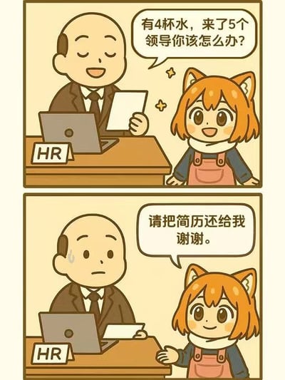 这是一张经典梗图，分为上下两格，描绘了HR面试官问猫耳少女“有4杯水，来了5个领导你该怎么办？”的刁钻问题时，猫耳少女果断回怼“请把简历还给我谢谢”，让HR当场愣住，充满幽默和讽刺气息。梗图反映了求职和面试中常见的套路化难题，也表达了年轻人对“内卷”与不合理规则的不满。