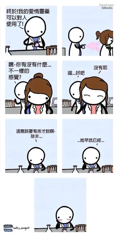 這是一個六格漫畫,講述了一個科學家研發出愛情靈藥後對心儀的女孩使用,但女孩沒有表現出任何反應。最後科學家恍然大悟,意識到女孩可能早就愛上他了,所以藥物才沒有效果。漫畫用簡單的卡通人物和對話展現了一個甜蜜又搞笑的愛情故事。