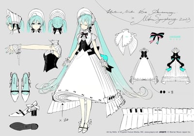 这是画师Rella为初音未来16周年与Miku Symphony 2023联动创作的专属礼服设定图，图中包含初音未来的正面全身立绘、多角度头部参考（侧面、正面、背面），还有礼服的拆分细节：领口、裙摆、蝴蝶结、手套、鞋子等部件的设计图，以及手臂、上半身的服饰结构展示。整体采用黑白线稿搭配初音标志性的青蓝色发色，礼服融合欧式复古女仆风与优雅的交响乐礼服风格，细节处标注了部件的数量（如裙摆的×10、装饰点×8）和结构，手臂上还印有代表16周年的数字“16”，是一份完整的角色服装设计参考稿。