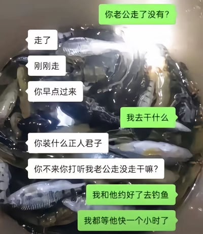 图片主体是一个装满活鱼的水桶，水面泛着光泽，鱼群在桶内游动。画面上叠加了两组对话气泡：绿色气泡和白色气泡。绿色气泡内容为“你老公走了没有？”“我去干什么”“我和他约好去钓鱼”“我都等他快一个小时了”；白色气泡内容为“走了”“刚刚走”“你早点过来”“你装什么正人君子”“你不来你打听我老公走没走干嘛？”。

图片通过对话制造强烈误会：白色气泡方误以为绿色气泡方意图不轨，而绿色气泡方实际是约对方老公去钓鱼，形成幽默反差。