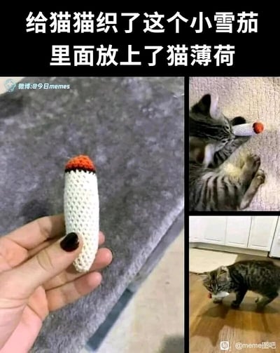 这是一张由三张小图拼接而成的趣味宠物内容图，顶部配有说明文字。左上角画面中，一只涂着黑色指甲油的手拿着一个手工编织的雪茄造型小玩具，玩具主体为米白色针织纹理，顶端是红黑相间的配色，还原雪茄外观；右上角画面里，一只虎斑猫正仰躺在地毯上，叼着这个雪茄玩具，神态看起来十分沉迷；右下角画面中，这只虎斑猫叼着玩具在木质地板上行走，姿态显得满足又投入。整个图片展现了自制的猫薄荷玩具对猫咪的强大吸引力，充满生活趣味。