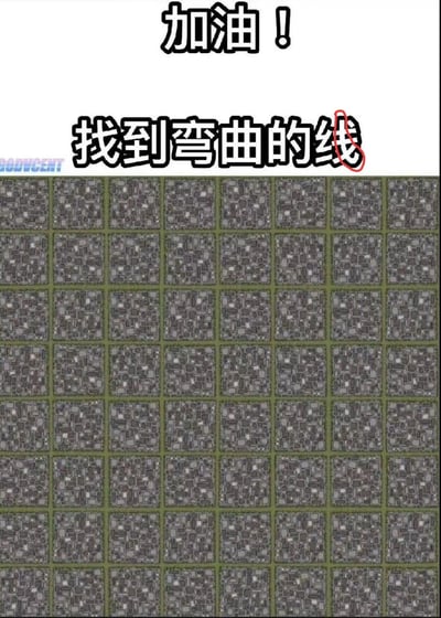 这是一张视觉错觉测试类图片，上方配有激励文字“加油！找到弯曲的线”，下方是由绿色线条分割的灰色石材质感方格构成的网格。这是典型的侧抑制类视觉错觉（类似赫尔曼网格错觉），实际上所有的网格分割线都是笔直的，人眼的视觉机制会让我们产生线条弯曲的错觉，以此来制造趣味测试的效果。