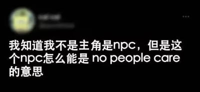 整张图为黑底白字的纯文字社交平台截图，左上角的用户头像和用户名区域经过模糊处理，主体是大号白色字体的文字内容，玩了“NPC”的缩写谐音梗，文字表达了自嘲的情绪：自认在生活里不是主角只是类似游戏里的NPC角色，却发现自己这个“NPC”对应的居然是“no people care（没人在意）”的含义，透出无奈又好笑的丧感。