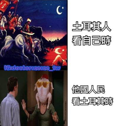 该梗图为左右对比结构，左侧上下两张图分别对应右侧文字说明。上图为夜空下的骑士油画，星月旗帜飘扬，骑士们骑马持剑，背景有红色地面和远处人影，营造出史诗英雄氛围，右侧配文'土耳其人看自己时'；下图是《老友记》剧照改编，画面中一人头戴烤火鸡头套并戴着黄色太阳镜，另一男子（钱德勒·宾）表情惊讶地抬手面对，右侧配文'他国人民看土耳其时'。幽默点在于利用'Turkey'（土耳其国名）与'turkey'（火鸡）的英文双关，形成土耳其人自我认知中的英雄形象与他国刻板印象（火鸡）的反差对比。
