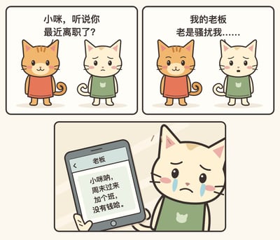 这是一幅竖版三格卡通漫画。第一格中，穿红色衣服的橘猫站在左侧，询问穿绿色衣服的米白猫小咪：“小咪，听说你最近离职了？”小咪眉头轻皱，神情低落。第二格中，小咪委屈地说：“我的老板老是骚扰我……”橘猫仍平静看着她。第三格占据画面下方，小咪泪流满面，举着一部手机，屏幕上显示联系人“老板”发来的消息：“小咪呐，周末过来加个班，没有钱哈。”漫画利用“骚扰”一词制造预期，再将其反转成老板在周末频繁要求员工无偿加班，讽刺了职场中侵占私人时间、不支付加班费的现象。
