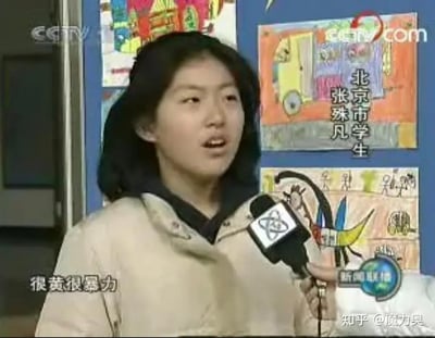 这是央视《新闻联播》的采访截图，画面中的北京市学生张殊凡正对着话筒接受采访，下方字幕显示她的发言内容「很黄很暴力」，背景是贴有儿童画作的蓝色墙面，画面带有CCTV、CCTV com的水印，右下角标注「新闻联播」标识。这句话在当时成为广泛传播的网络热词，常被用来形容低俗、不良的内容。