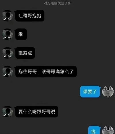 这是一张社交平台的聊天记录截图，顶部显示“对方刚刚关注了你”，随后灰头像用户连续发送了“让哥哥抱抱”“乖”“抱紧点”“抱住哥哥，跟哥哥说怎么了”这类带有暧昧安抚语气的话语，试图营造亲近的氛围。企鹅头像用户先回复“想要了”，在对方追问“要什么呀跟哥哥说”时，直接回复“钱”，用直白的金钱需求打破了之前的暧昧氛围，形成强烈的反差感，制造出搞笑的效果。